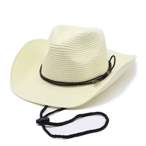 Western style cream woven straw sun hat with adjustable wind rope and 9cm wide brim