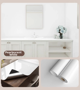Detail showing pearlescent white self-adhesive kitchen film with waterproof heat resistant backing