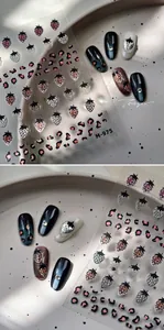 Detail of strawberry leopard print nail stickers M-975 on mixed color base nails