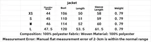 Size chart for faux fur knit jacket with measurements for shoulder, bust and length