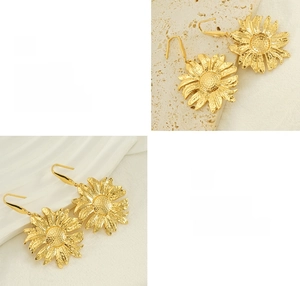 Detailed view of sunflower stud earrings featuring high-polish gold plating on textured petals