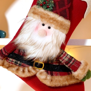Plush Christmas stocking with 3D Santa Claus and faux fur trim for holiday tree decor