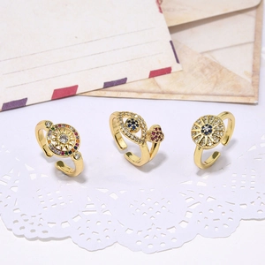 Women Copper 18K Gold Plated Adjustable Open Ring With Colorful Zircon Evil Eye Heart Sunburst Design Fashion Jewelry