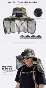 Détail du chapeau de soleil camouflage avec ventilateur solaire et protège-nuque amovible