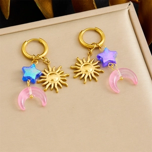 Sun Star Moon Drop Hoop Earrings Stainless Steel Colorful Acrylic Pendants Korean INS Style Celestial Jewelry For Women
