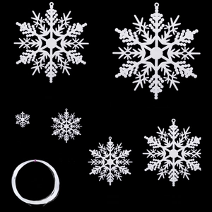 White plastic snowflake ornaments set in 6 sizes with 6m line for Christmas decoration