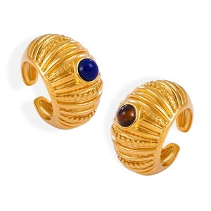 Anello vintage regolabile in acciaio inossidabile dorato con pietre ovali blu e marroni