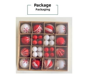 Detailed view of red and white Christmas balls with snowflake patterns in a 16-slot box