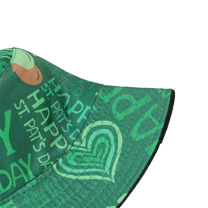 Detail of St. Patrick's Day green bucket hat featuring five-row brim stitching and festive text