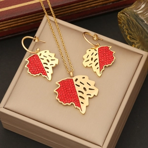 Maple Leaf Pendant Necklace Stainless Steel Red Rhinestone Hollow Design Elegant Jewelry For Women