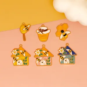 Bee Honey Jar Enamel Alloy Charms Pendants DIY Jewelry Making Accessories For Keychain Bag Decor Cartoon Style