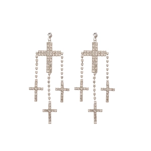 Silver cross tassel earrings with sparkling rhinestones in a layered gothic drop design