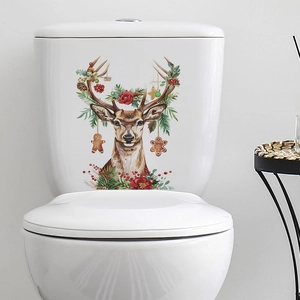 Christmas reindeer wall decal with gingerbread man and flowers for home toilet decor