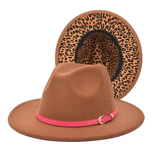 Brown wool fedora hat for women featuring pink leather band and leopard print brim bottom