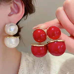 Boucles D'oreilles Double Boule Avec Tige En Argent Cuivre Imitation Künstliche Perles De Coquillage Géométrique Rétro Mode Pour Femmes