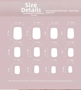 Size chart showing 24pcs French short square fake nails with heart design in 12 sizes