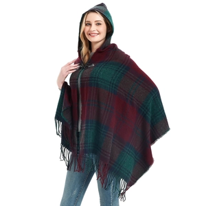 Women's plaid hooded poncho with horn buckles and fringe trim in dark red and green