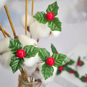 Artificial Red Berry Picks Christmas Holly Leaves Stems Foam Berry Sprays For DIY Wreath Holiday Home Party Decoration