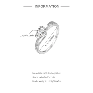 Detailed size parameters of S925 sterling silver heart ring with AAAAA zirconia stone