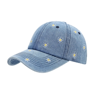Classic light blue denim baseball cap with delicate daisy embroidery and six-panel crown