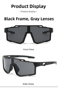 Front and side views of matte black sports cycling sunglasses with grey lenses