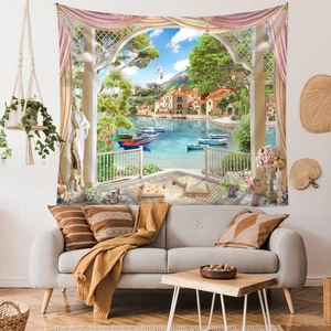 Detail of Mediterranean view tapestry featuring arches and coastal town for room wall decor