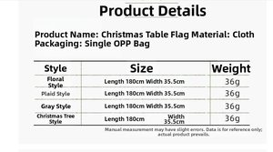 Detailed size specifications for Christmas table runners in various festive patterns