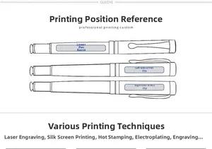 Detail diagram showing printable positions on metal pen body and clip for custom logo