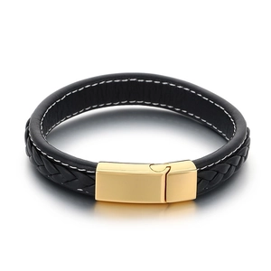 Men's double-layered black leather bracelet with a polished gold magnetic steel clasp