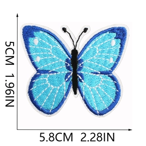Blue and cyan butterfly embroidered patch showing dimensions 5cm x 5.8cm in detail