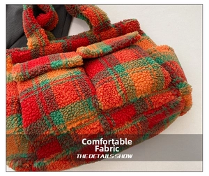 Detail shot of plush checkered tote bag featuring multi-color patterns and pockets