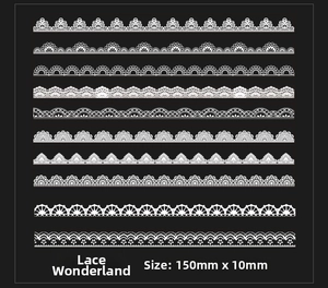Detailed view of ten diverse white lace PET stickers featuring vintage floral patterns