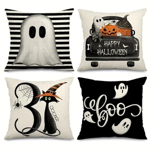 Set of four Halloween linen pillow covers with ghost, pumpkin truck, and black cat designs