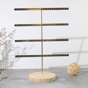 Présentoir à bijoux doré à 4 niveaux avec socle en bois pour boucles d'oreilles