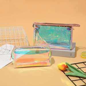 Holographic laser makeup bags with handles in rectangular and semi-circle shapes