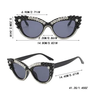 Detailed dimension chart showing frame width and lens height for cat eye crystal sunglasses
