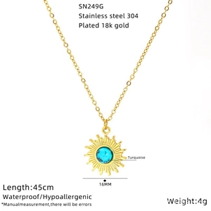 Titanium steel sunflower evil eye necklace with turquoise pendant on white background