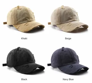 Detailed grid of distressed baseball caps in khaki, beige, black, and navy blue cotton