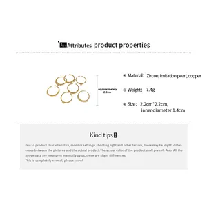 Detailed spec view of 8pcs gold rings set with zircon, pearls, and copper materials