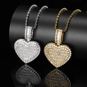 Hip hop heart locket necklace in gold and silver with cubic zirconia and rope chain