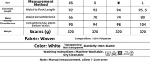 Guide des tailles et détails du tissu pour chemisier blanc femme avec mesures en cm