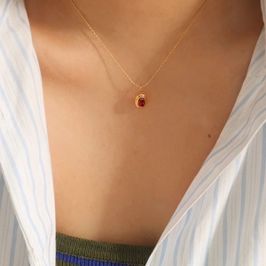 Vintage oval ruby pendant necklace with gold chain and zircon inlay for women