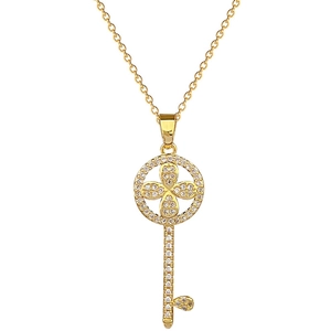 Luxurious gold flower key pendant necklace with sparkling zircons on a delicate chain