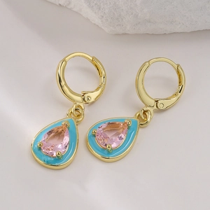 Bohemian gold plated teardrop earrings with pink zircon and turquoise enamel detail