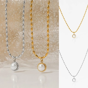 Elegant Stainless Steel Necklace With Geometric Circle Artificial Pearl Pendant Minimalist Adjustable Bead Chain For Women Fashion