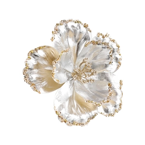 Artificial silver Christmas flower with gold glitter edges for festive tree decoration
