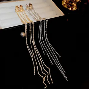 Minimalist irregular C-shaped long tassel ear clips with elegant dangling metal chains