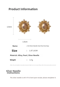 Detail view of oval pearl stud earrings with 925 silver needles and vintage design