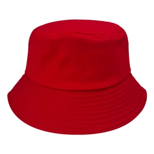 Close-up of a classic red cotton bucket hat showing fabric texture and vibrant finish