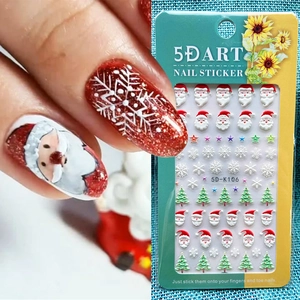 5D Christmas embossed nail stickers featuring Santa and snowflakes on model and packaging